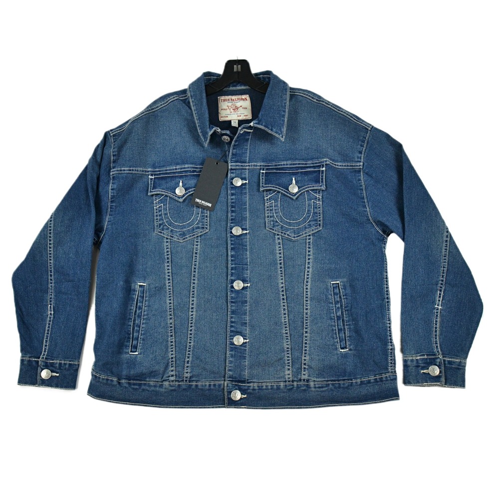 True Religion Jacket Women's XL Blue Denim Graphic Print Logo Pockets NWT